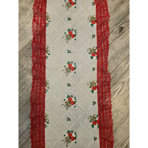 Vintage Christmas Lace Table runner Poinsettia Gold bows Handmade table decor - Picture 5 of 9